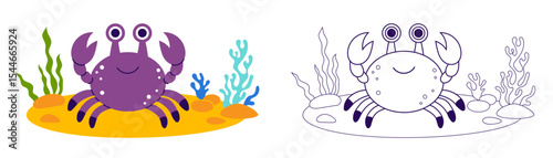 Cute Crab and Sea algae on sandy seabed set. Funny animal. Outline and color drawing. Coloring Page. Vector illustration. Kids collection