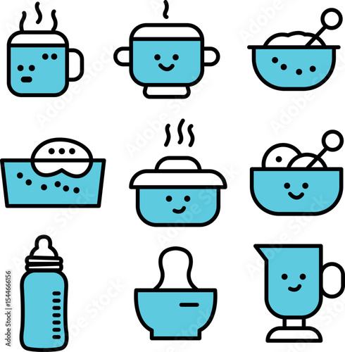 Cute Baby Food and Kitchen Icon Set – Flat Blue Line Vector.