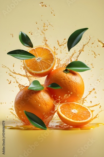 A close up of three oranges with a splash of water surrounding them. The oranges are cut in half and the water droplets are falling from the top of the oranges. Concept of freshness and vitality. 