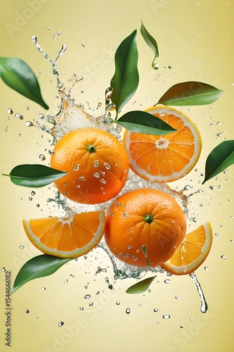 A close up of three oranges with a splash of water surrounding them. The oranges are cut in half and the water droplets are falling from the top of the oranges. Concept of freshness and vitality.  