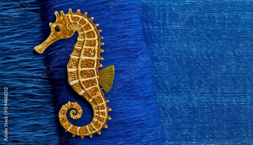 Ornate Golden Seahorse Figurine on Blue Denim Background Perfect for Ocean Themed Designs and Crafts