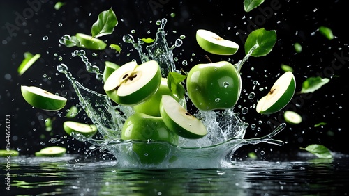 A splash of water with a bunch of green apples floating in it. 