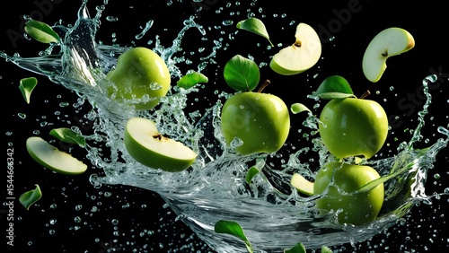 A splash of water with a bunch of green apples floating in it. 