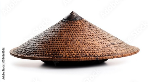 Traditional Asian hat made of straw. Ethnic headdress on white background. In materials about ethnic fashion, culture and traditional crafts.