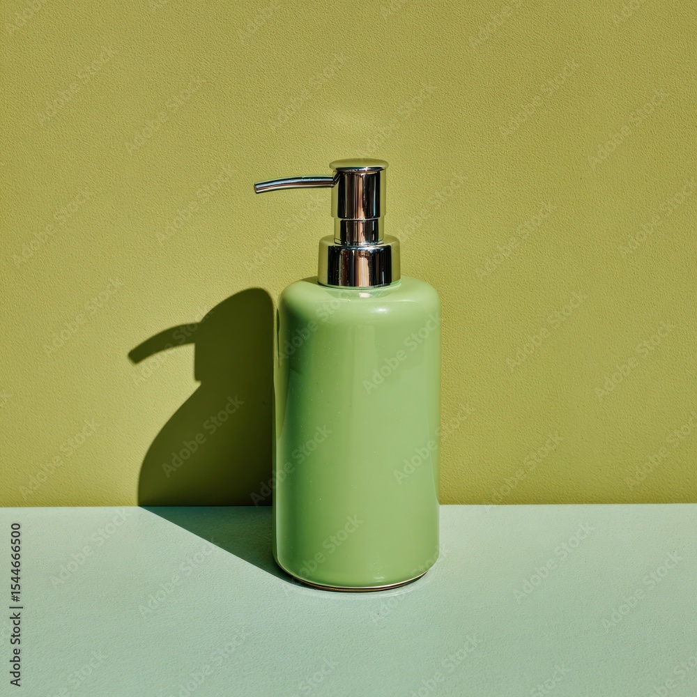 Obraz premium A minimalist green dispenser with a chrome top sits on a light green surface, against a solid backdrop of the same hue.