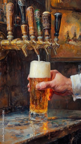 Hand holding a glass with beer poured from a tap, background with various drink taps. Perfect for advertising drinks and illustrating a bar atmosphere.