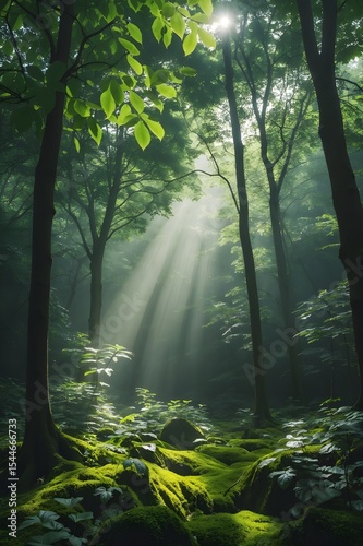 A forest with sunlight shining through the trees. 