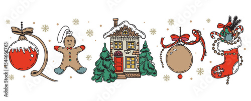 Christmas symbol, ball, tree, toy on white. Hand drawn illustration.	
