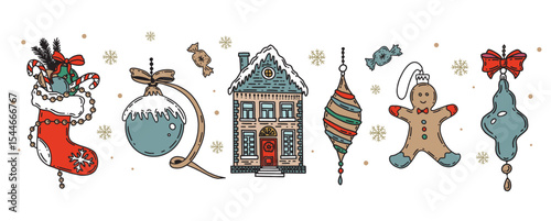 Christmas symbol, ball, tree, toy on white. Hand drawn illustration.	
