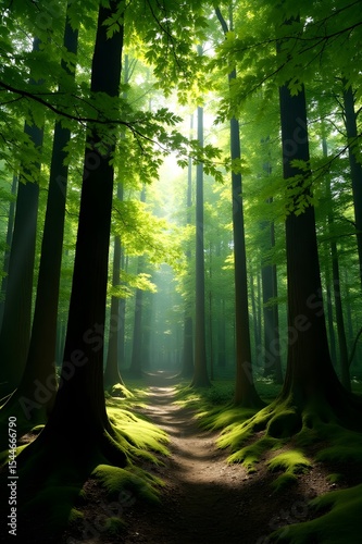 A path through a forest with sunlight shining through the trees. 
