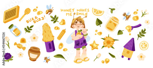 Cute Honey Harvest Cartoon Set. Flat cartoon set with a smiling bee-costumed child surrounded by honey jars, bees, flowers, and beekeeping elements. Warm colors, white background, cheerful mood.