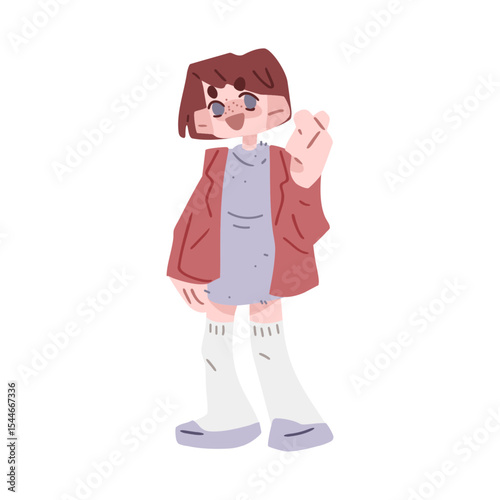 Cartoon Stylish Teen Character Pose. Flat cartoon illustration of a smiling teen girl in a red jacket and lavender dress making a finger heart gesture. Soft pastel colors, isolated on white background