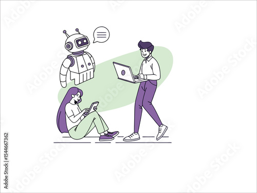 Human-Robot Interaction Illustration – People Using AI Technology,AI technology set. Characters using artificial intelligence generative tools for business tasks, content creation, marketing, automati