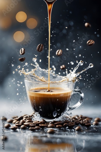 A cup of coffee with a splash of water and coffee beans on the table. 