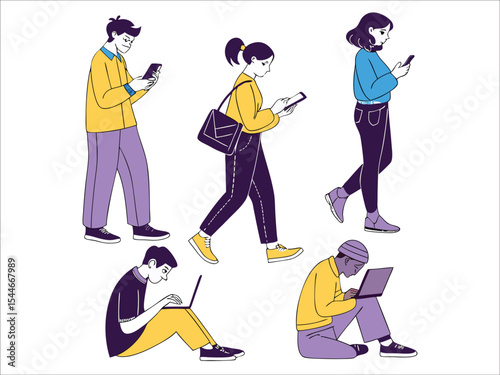 Female and male characters use smartphone, laptop, tablet and making phone call, surfing the internet, browsing in social media. Business doodle concept, People with devices set 