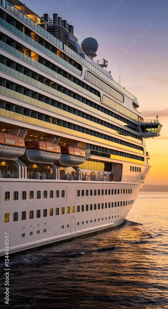 Obraz premium Luxurious cruise ship at sunset with glowing windows and passenger silhouettes on deck.