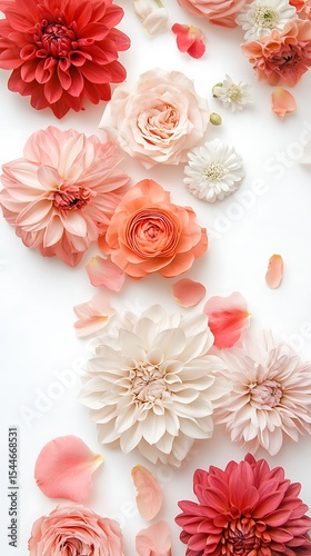 Wallpaper Mural Elegant floral arrangement with dahlias, roses, and petals on white backdrop for stationery Torontodigital.ca