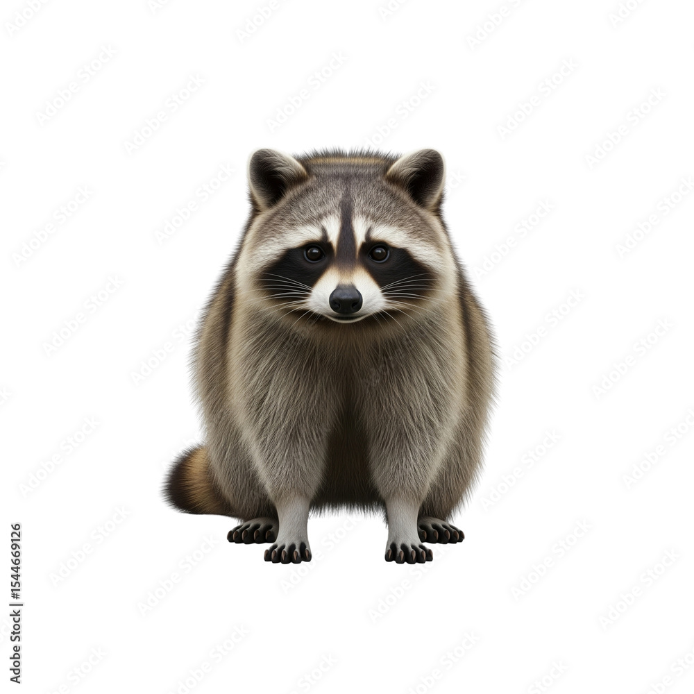 Obraz premium Fluffy raccoon sitting isolated on white background