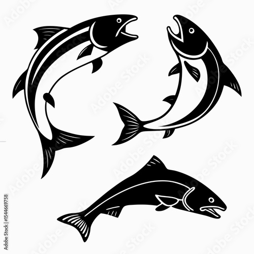 Salmon Silhouette Vector Sheet - Minimal Fish Icons Collection