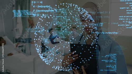 Nurse swiping tablet activating rotating globe with code fading in hospital ward for patient data