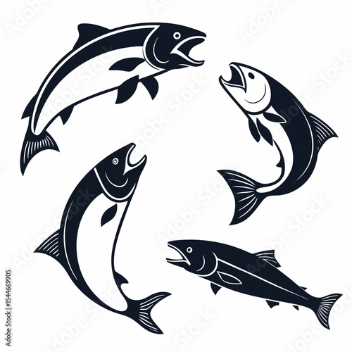 Salmon Silhouette Vector Sheet - Minimal Fish Icons Collection
