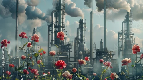 Contrasting scene of blooming flowers in front of industrial plant with smoking chimneys and metal structures.