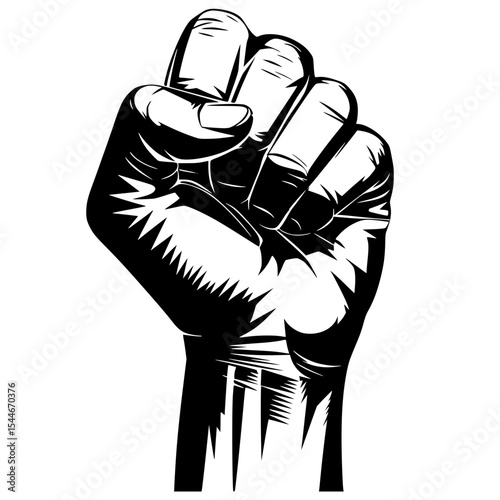 Powerful black illustration of a raised, clenched fist. 