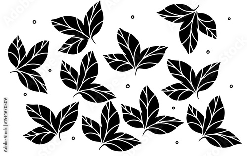 Hand drawn abstract black and white three-branched leaves. simple design background.
