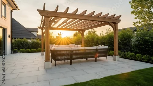 Beautiful sunlit backyard patio with wooden pergola and comfortable outdoor seating during sunset