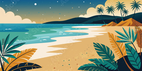 Tropical beach at sunset with palms and sand. Vector illustration