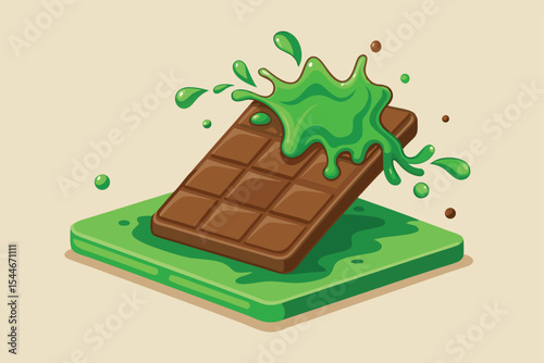 Vector illustration of a piece of chocolate with a splash of green juice