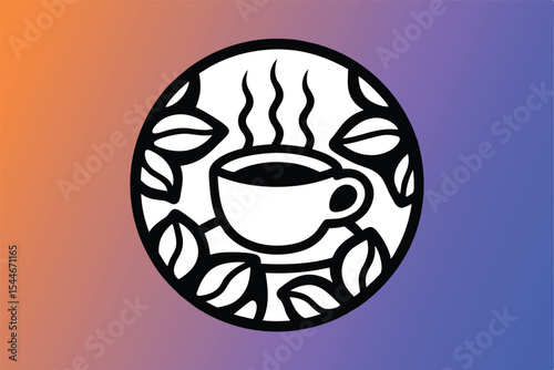 Coffee cup and leaves in a circle. Vector illustration.
