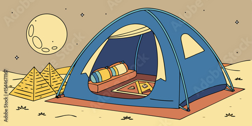 Cartoon illustration of a tourist tent in the desert with pyramids