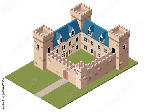 Isometric Medieval Castle with Courtyard and Towers