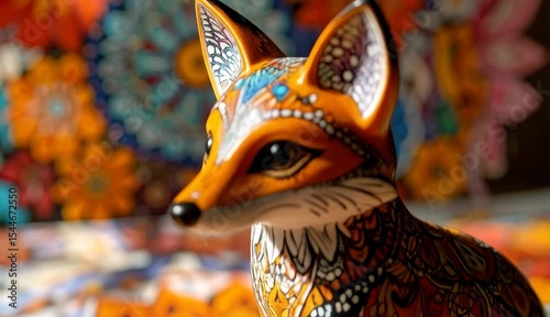 Ornate Hand Painted Fox Figurine on Vibrant Floral Background A Decorative Collectible Animal Statue