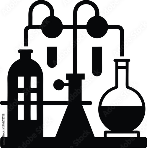 Chemistry Experiment Lab Setup with Flasks, Tubes, and Distillation Apparatus