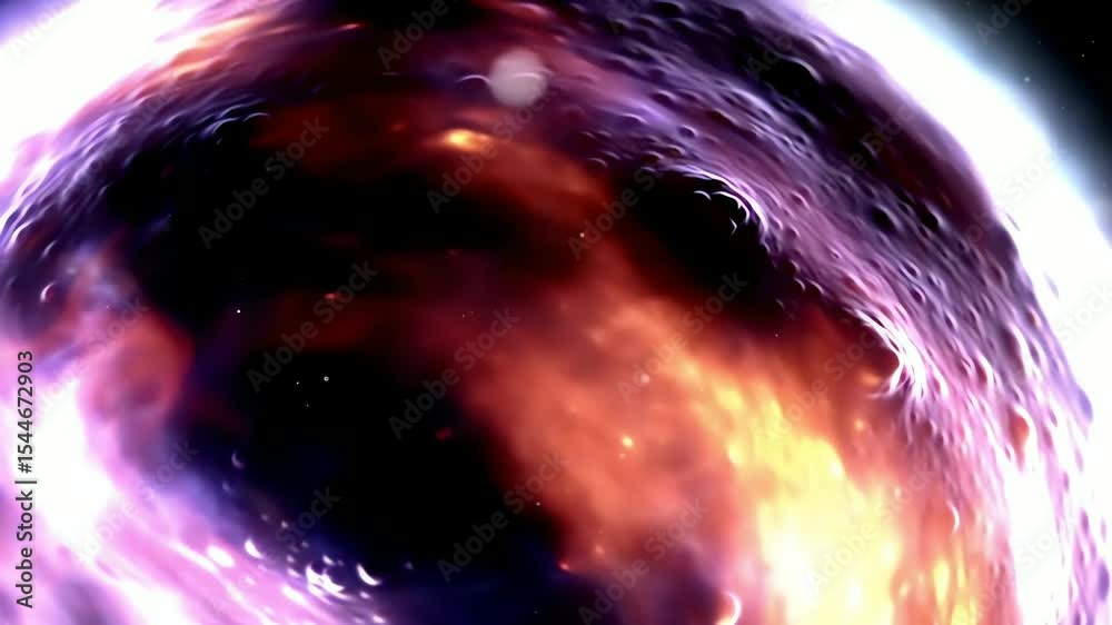 Abstract cosmic wormhole in vibrant purples, pinks, and whites, depicting a powerful, mysterious interdimensional portal in deep space