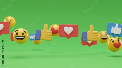 Animated Emojis and Social Media Icons Floating on Green Screen