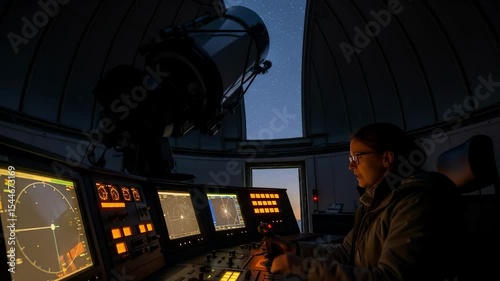 Female astronomer operates a large telescope control panel in a dark observatory dome under a starry night sky.