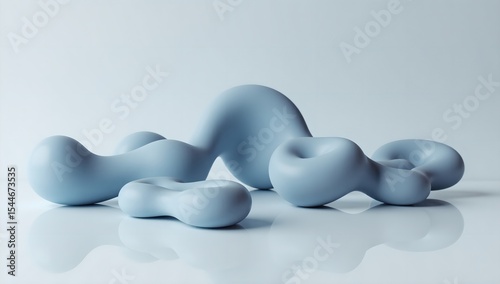 Abstract organic shapes in light blue on reflective surface, modern art concept