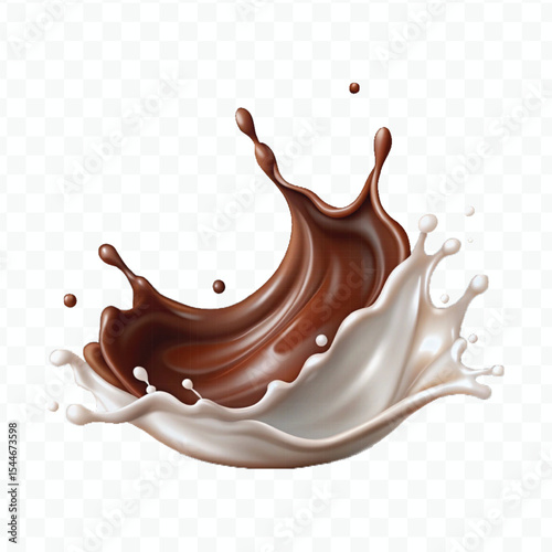 realistic 3d smooth liquid chocolate with white milk splash  in different style isolated on transparent background
