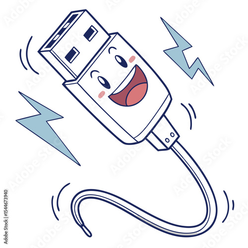 Cute Cartoon USB Cable Character With Happy Face And Electric Vibes