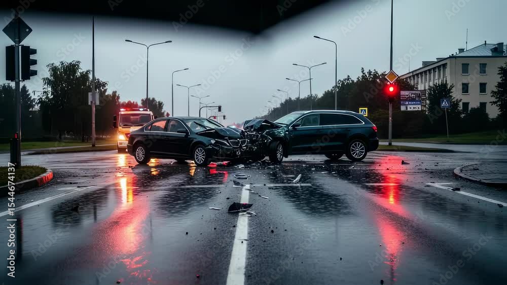 Two cars crashed on wet street in the rain with traffic lights showing red, illustrating car accident consequences concept footage.