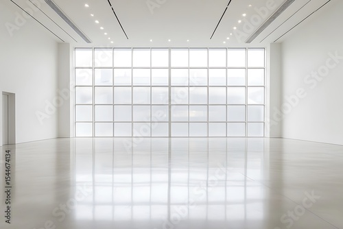 Large empty bright white modern room with big window, clean interior space