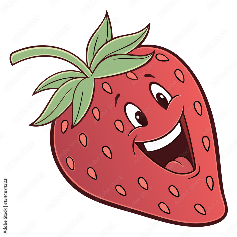 Obraz premium Happy Cartoon Strawberry Character With Fun Expression And Green Leaves