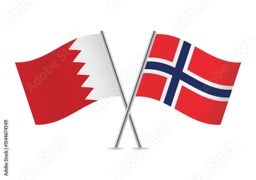 Bahrain and Norway crossed flags. Bahraini and Norwegian flags on a white background. Vector icon set. Vector illustration.