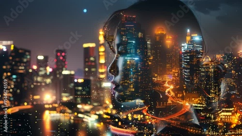Double exposure of woman profile blended with illuminated city skyline at night symbolizing technology and urban life.