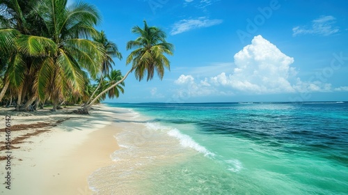 Scenic Paradise: Tranquil Panama Beach on San Blas Island with Palm Trees and Turquoise Sea