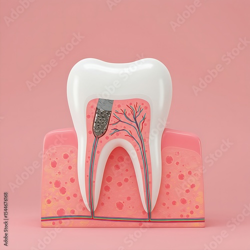a tooth showing advanced decay reaching the pulp, highlighting the internal layers and the extent of the damage.