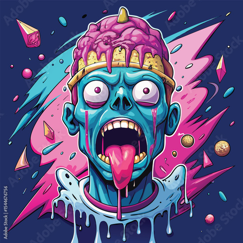 Colorful Cartoon Zombie Screaming with Splatter and Abstract Art Elements
